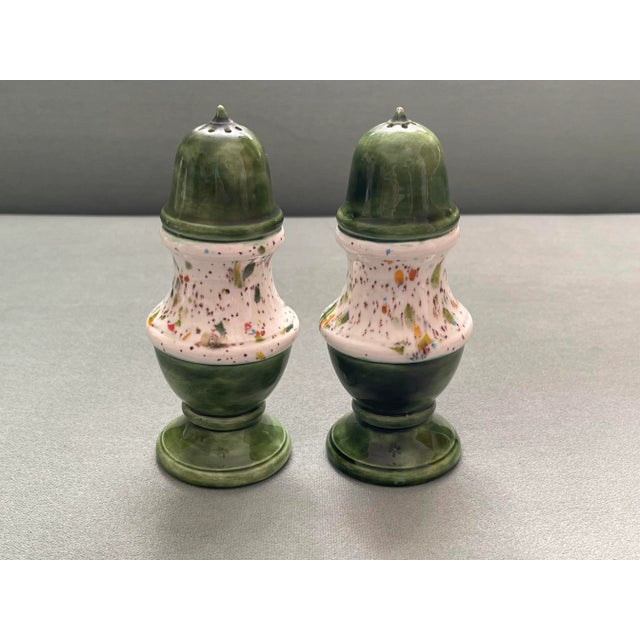 Vintage Green Multicolored Glaze Ceramic Salt & Pepper Shakers- a Pair For Sale - Image 9 of 10