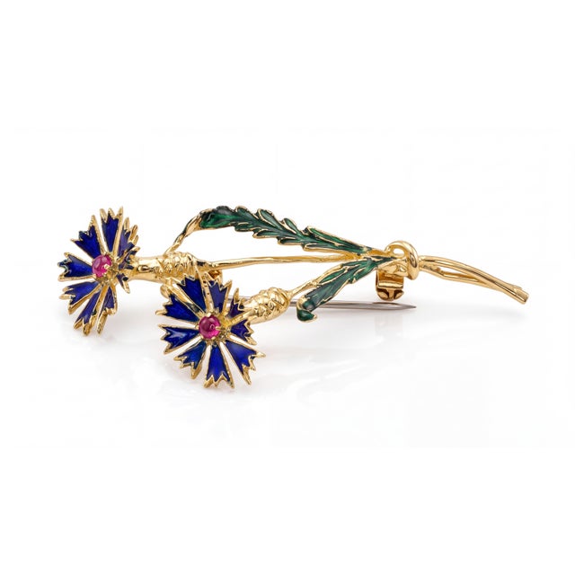 Vintage Italian 18k Gold Ruby & Enamel Floral Brooch – Retro Unisex Lapel Pin For Sale - Image 4 of 12
