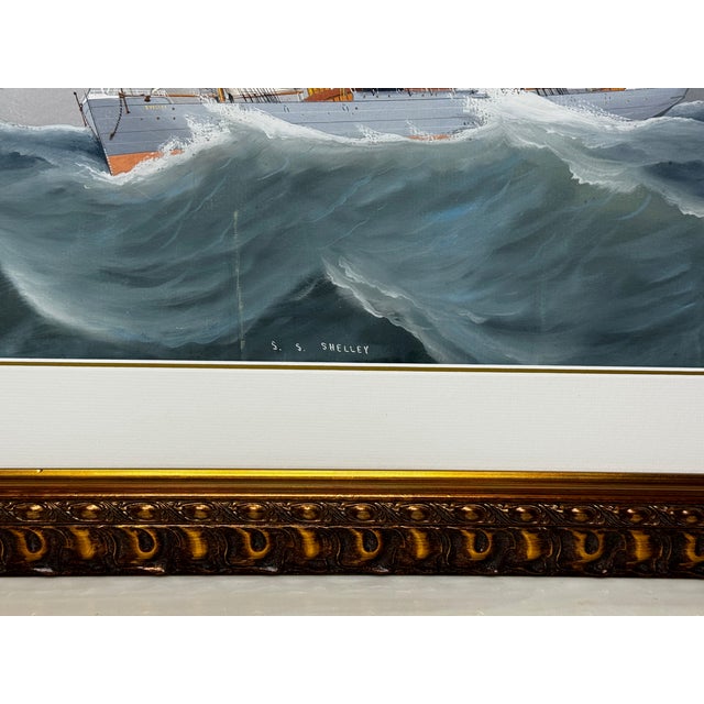 s.s. Shelley Steam Sail Ship in Heavy Seas — Attributed to Lucas Papaluca Early 20th Century Neapolitan Marine Painting | Gouache on Paper | Framed For Sale - Image 4 of 18