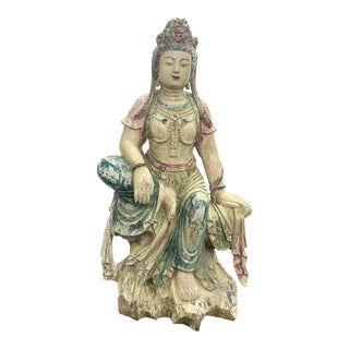 Vintage Chinese Color Paint Wood Rest Leg Bodhisattva Guan Yin Statue For Sale