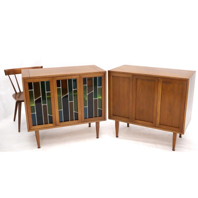 Two Non Matching Walnut Liquor and Storage Cabinets Stained Glass - a Pair For Sale - Image 9 of 13