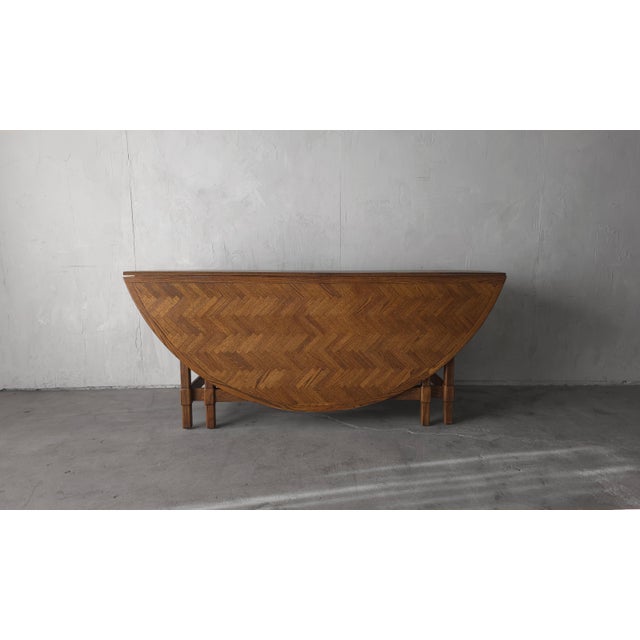 1980s 6ft Round Parquet Oak Drop Leaf Dining Table For Sale - Image 4 of 11