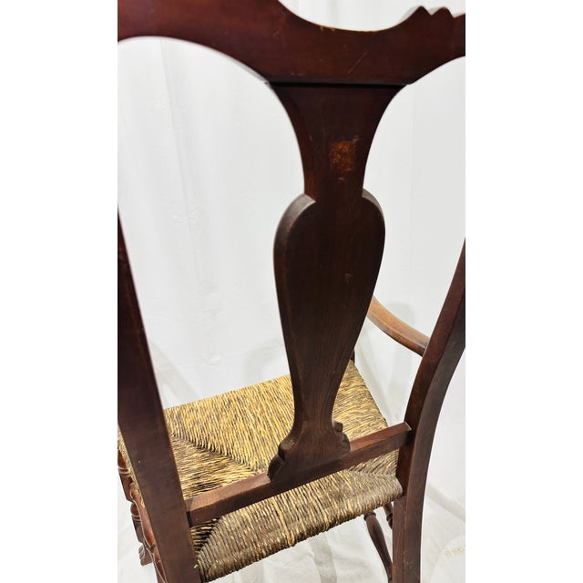 Brown Pair of Antique 18th Century Queen Anne Style Mahogany Armchairs With Rush Seats For Sale - Image 8 of 14