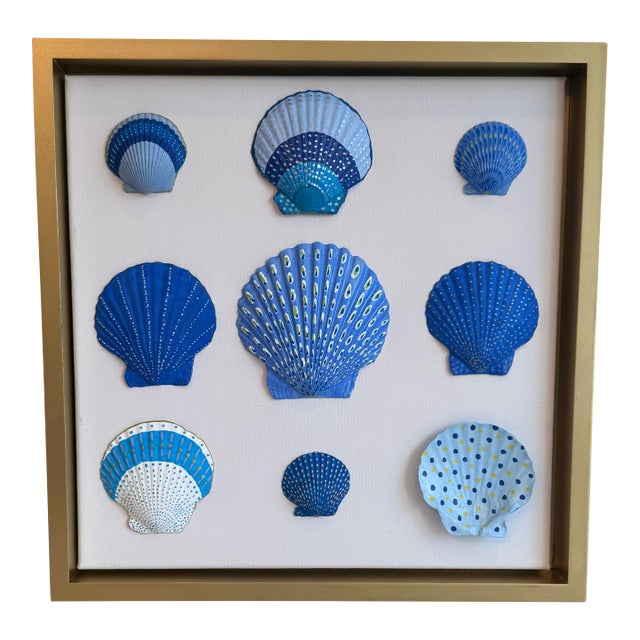 Hand-Painted Blue Seashell Shadowbox Art in Gold Floating Frame – 12” X 12” For Sale