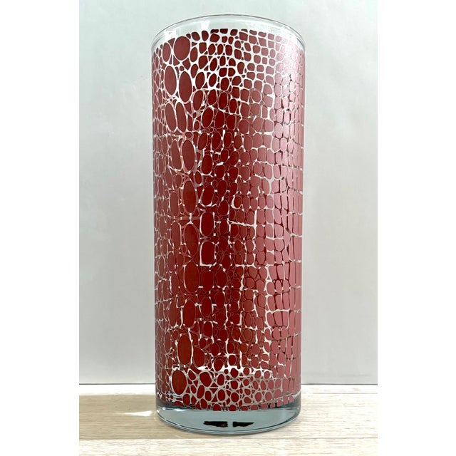 Circa 1995 Egizia Italy Contemporary Abstract Dark Red Screen-Printed Pattern on Colorless Cylindrical Glass Vase For Sale - Image 10 of 14