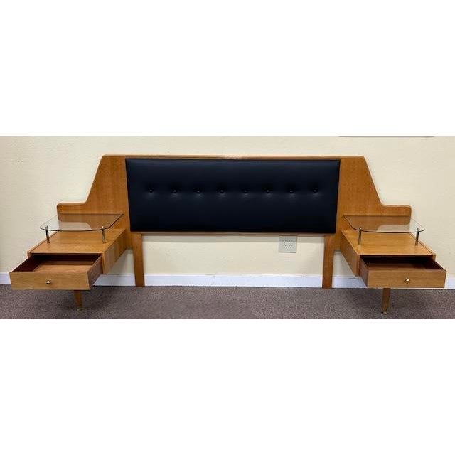 Item #DMC667 ‍Mid Century Modern Oak Queen Headboard w/ Two Tier Nightstands by G-Plan c.1950 UK Import – Black Vinyl...