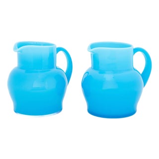 Erik Hoglund Turquoise Blue Glass Water Jugs, Pair For Sale