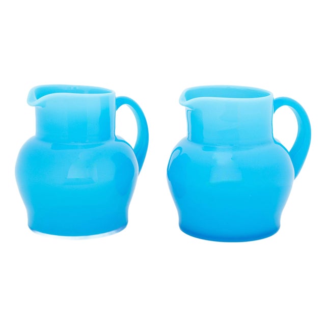 Erik Hoglund Turquoise Blue Glass Water Jugs, Pair For Sale