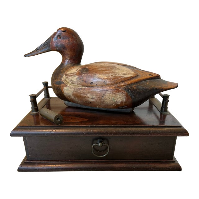 Vintage 1977 Wood Duck Decoy Atop Wood Box With Metal Galley and Drawer For Sale