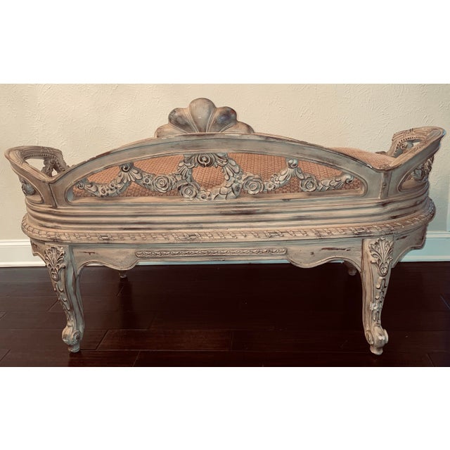 French Ornate Vintage French Styled Carved Wood Bench or Settee With Upholstered Seat For Sale - Image 3 of 12