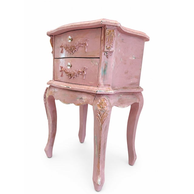 Vintage French Pink Distressed Nightstand With Floral Carvings For Sale - Image 4 of 13