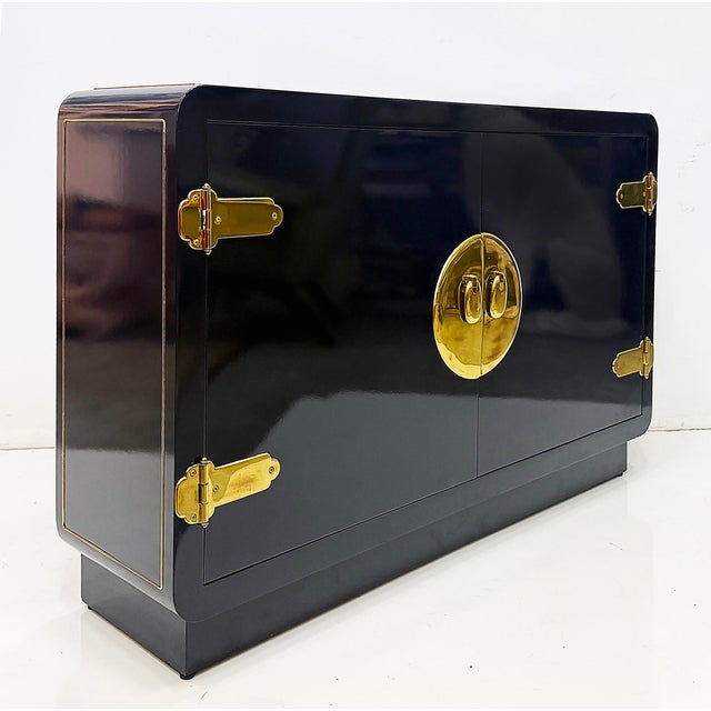 Mid-Century Modern 1970s Newly Lacquered Asian-Theme Mastercraft Cabinet, Overscale Brass Hardware For Sale - Image 3 of 10