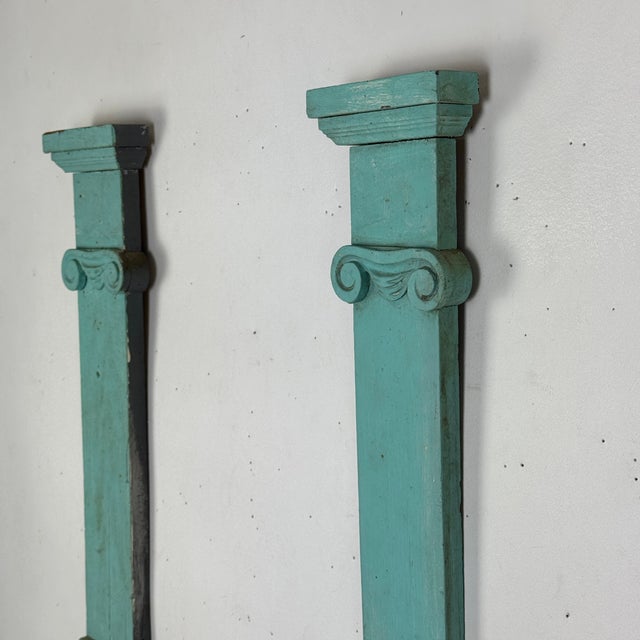 Teal Antique Architectural Salvaged Wooden Pair of Matching Decorative Pilaster Columns For Sale - Image 8 of 10
