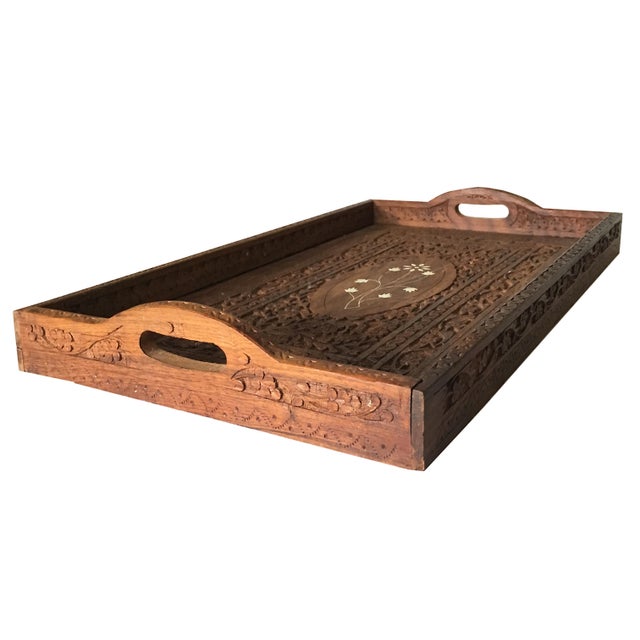 Vintage Indian Artisan Carved & Inlaid Wood Serving Tray Chairish