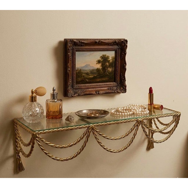 French Vintage Solid Brass Tassel Wall Shelf With Glass Top For Sale - Image 3 of 9