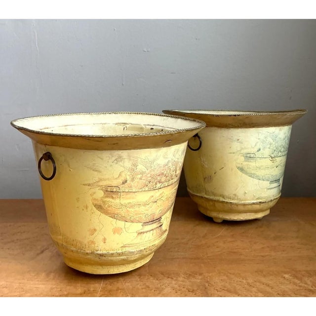 Vintage Distressed French Toile Metal Cache Pot - A Pair For Sale - Image 4 of 12