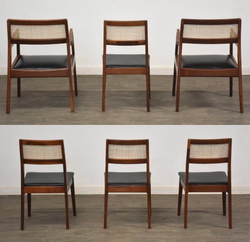1960s Jens Risom Attributed Walnut and Cane Dining Chairs Set of