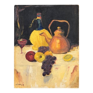 Original Vintage Kitchen Fruit and Wine With Copper Kettle Still Life Painting – 14" X 18" Signed For Sale