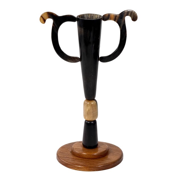 Early 20th Century Antique Early 1900s Folk Art Handmade Cattle Horn Trophy Cup / Loving Cup W/ Mahogany Wood Base - 15.5" H For Sale - Image 5 of 18