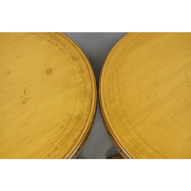 Brown Vintage Italian Regency Round Leather Top Greek Key Carved Side Tables - A Pair For Sale - Image 8 of 15
