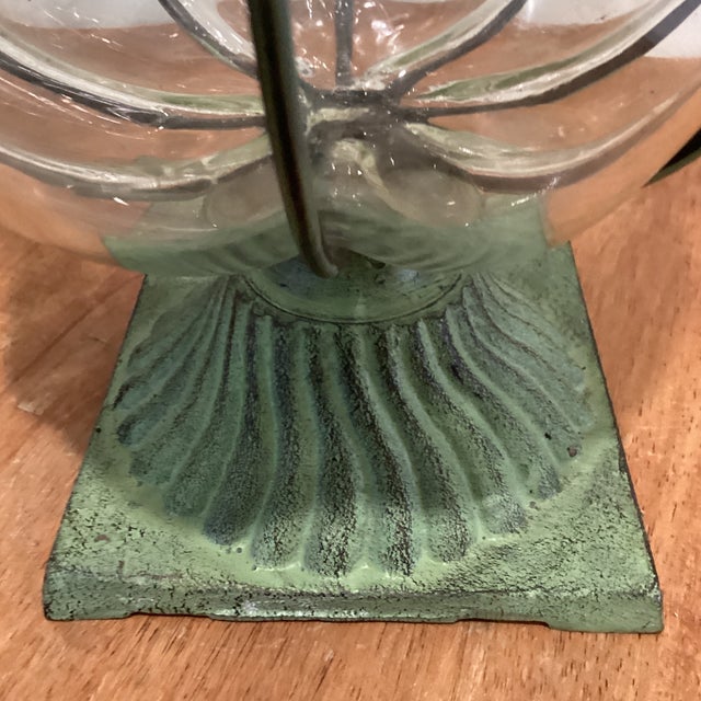 Large Hand Blown Caged Glass Footed Vase Wrought Iron Frame Scroll Handles For Sale - Image 9 of 12