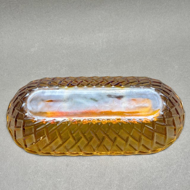 Orange Vintage Indiana Glass Marigold Carnival Glass Oval Celery Dish With Lattice Diamond Pattern For Sale - Image 8 of 8
