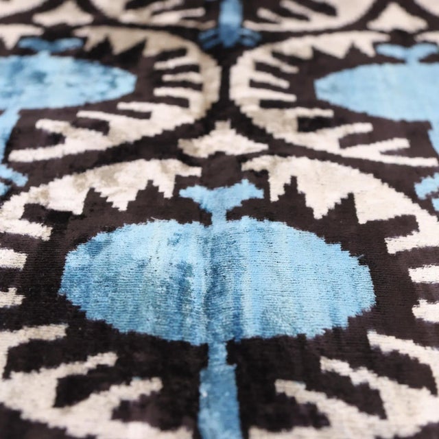 Textile Blue Black Geometric Silk Velvet Pillow – 20x20 Handmade Ikat Throw Cushion For Sale - Image 7 of 7
