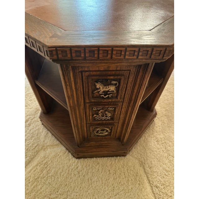 Mid-Century Modern Vintage Romweber Viking Oak Zodiac Leather Top Octagon Table For Sale - Image 3 of 8