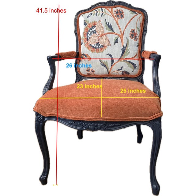 Hand-Painted French Provincial Armchair - Navy Blue & Orange Velvet - Whimsical Floral Reupholstered Accent Chair For Sale - Image 13 of 14