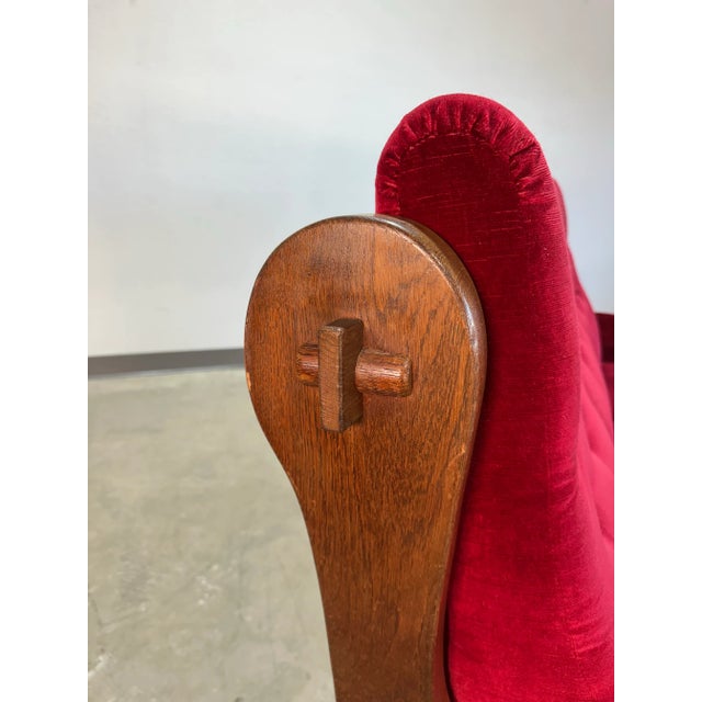 1970’s Vintage French Brutalist Oak and Red Velvet Sofa For Sale - Image 9 of 12