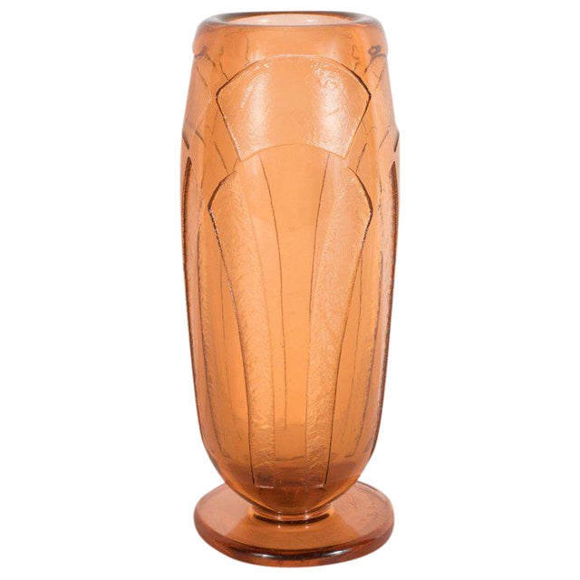 Art Deco Vase in Translucent Cognac with Cubist Geometric Patterns For Sale