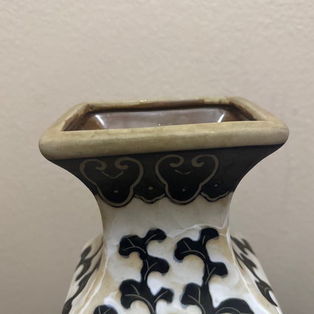 1970s Vintage Tall Ceramic Taupe Vase With Painted Flowers For Sale - Image 5 of 12