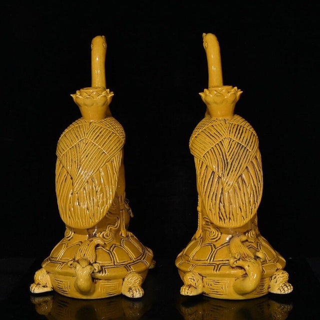 Chinese Pair of Large Chinese Yellow Glazed Porcelain Turtle & Crane Candlesticks For Sale - Image 3 of 9