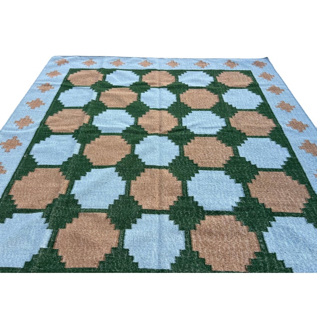 Handmade New Zealand Wool Dhurrie, Sky Blue, Beige and Green Swedish Tile Rug- 10'x14' For Sale - Image 6 of 13