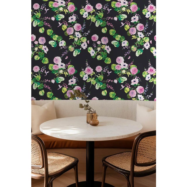 Textile Chirp Society Floral Grasscloth Wallpaper by House Party | Midnight Black | 6 Yards For Sale - Image 7 of 8