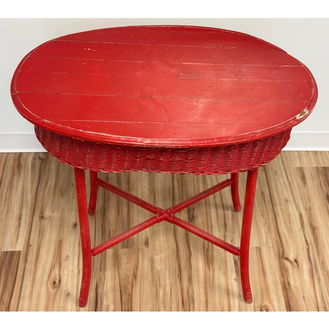 Wood Vintage Weathered Red Wicker Table For Sale - Image 7 of 12