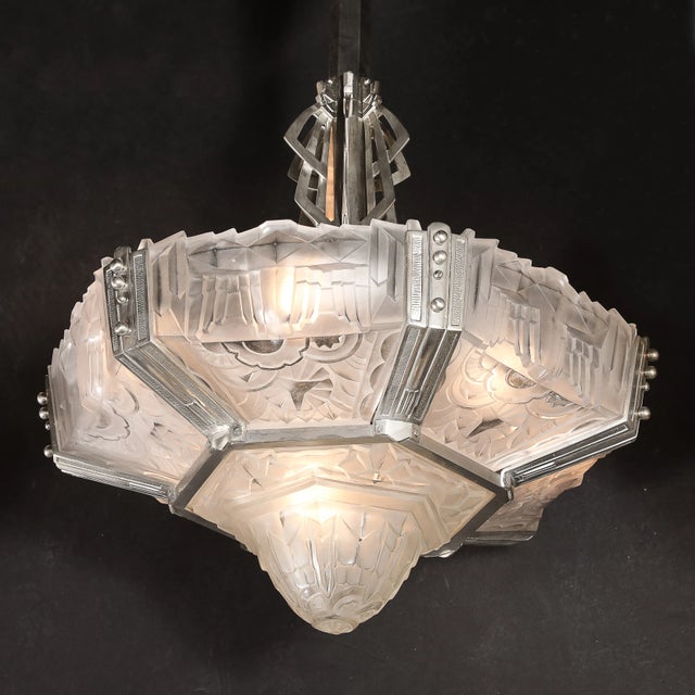 Art Deco Skyscraper Style Chandelier in Silvered Bronze & Frosted Glass by Hugue For Sale - Image 12 of 12