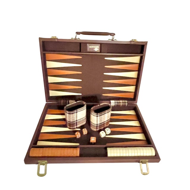 Brown Vintage Mid-Century Tartan Backgammon Game Set in Travel Case For Sale - Image 8 of 18