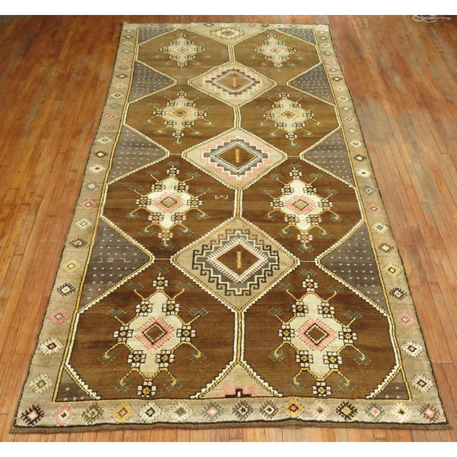 Mid 20th Century Vintage Zabihi Collection Brown Turkish Gallery Runner - 6'4" x 13'6" For Sale - Image 5 of 10