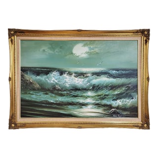 Antique Canadian Seascape Ocean Waves at Night Oil Painting - Roal English For Sale