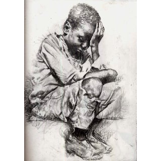 Child by Chris Hopkins | Charcoal on paper of a seated boy with a pensive expression For Sale