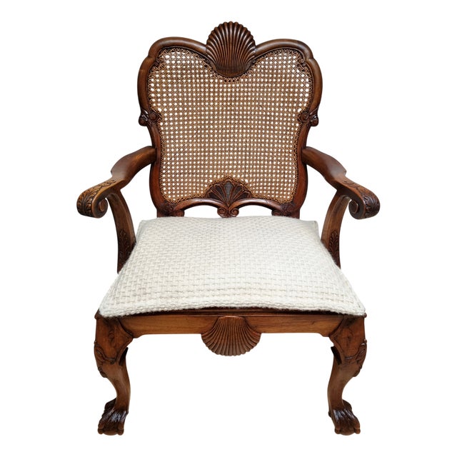 Chippendale Bergere Armchair in Carved Mahogany with Caned Backrest and Lion's Claw and Ball For Sale