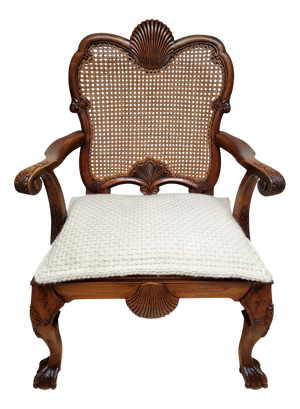 Chippendale Bergere Armchair in Carved Mahogany with Caned Backrest and Lion's Claw and Ball