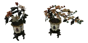 Vintage Chinese Miniature Jade Trees in Cloisonné Pots - a Pair