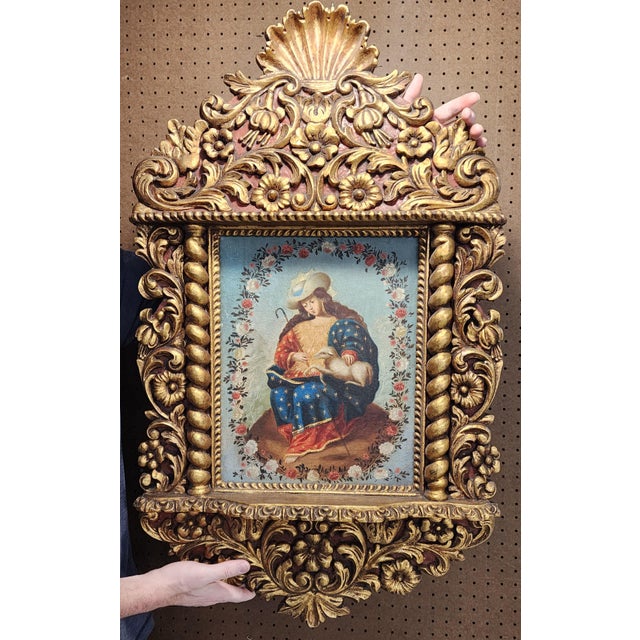 Sky Blue Late 19th Century Divine Shepherdess Original Oil Paniting For Sale - Image 8 of 11