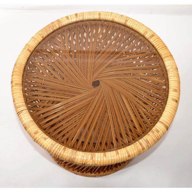 1970s Vintage Bohemian Round Handwoven Rattan Wicker Drum Side Table For Sale - Image 9 of 12