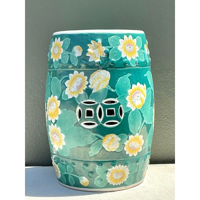 Vintage Floral Glazed Ceramic Low Stool For Sale - Image 9 of 12