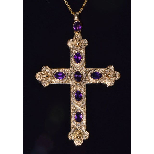 Certified Natural 2.95Cts Amethyst 18k 750 Solid Gold Engraved Cross Etruscan Pendant For Sale - Image 10 of 10