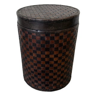 1990s Vintage Woven Leather Checkered Brown Storage Side Table With Removable Lid For Sale