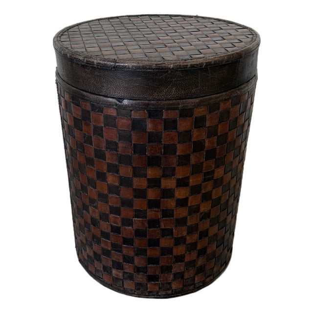 1990s Vintage Woven Leather Checkered Brown Storage Side Table With Removable Lid For Sale